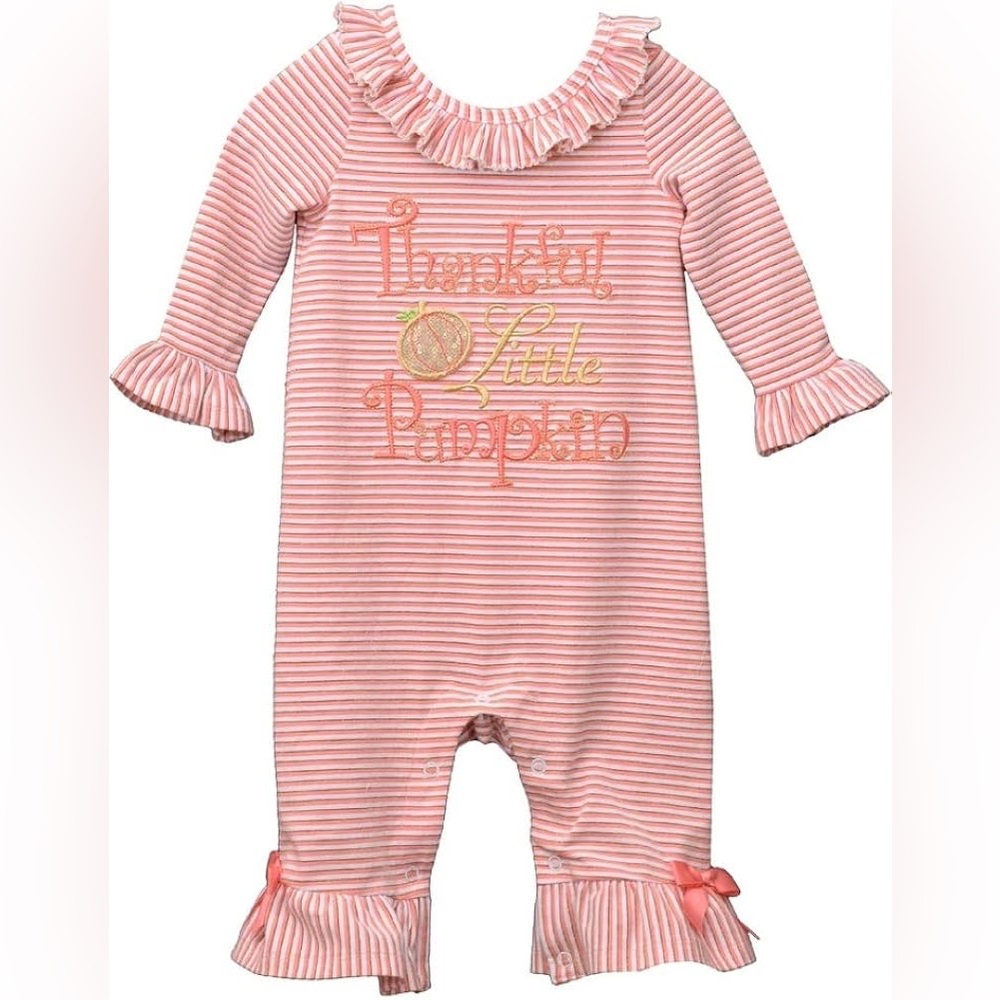 Bonnie Baby “Thankful Little Pumpkin” Striped Orange Kids One Piece.